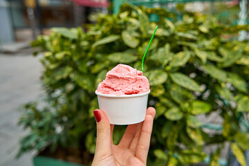 Ice cream in a paper cup. Sweets and weekend walks