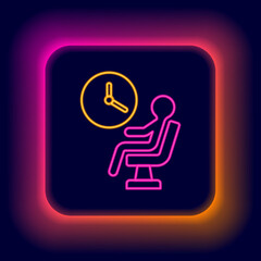 Glowing neon line Human waiting in airport terminal icon isolated on black background. Colorful outline concept. Vector
