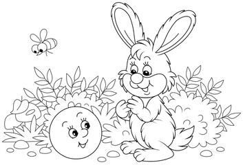 Freshly backed happy round loaf friendly smiling and talking to a small hare on a forest glade from a fairytale, black and white outline vector cartoon illustration for a coloring book page