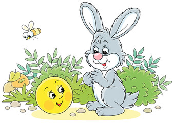 Freshly backed happy round loaf friendly smiling and talking to a small grey hare on a forest glade from a fairytale, vector cartoon illustration isolated on a white background