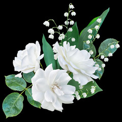 Lily of the valley and roses isolated on black background. Floral arrangement, bouquet of white...