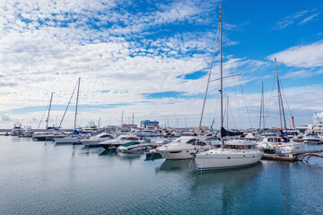 Yachts and boats anchored in the port of Sochi.