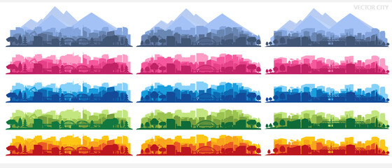 Collection of city landscapes on a light background. City landscape in different colors.	
