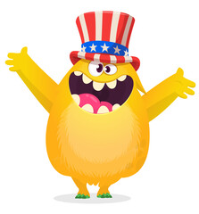 Cartoon funny monster wearing American uncle Sam hat on USA Independence Day . Vector illustration of alien creature character. Design for print, poster