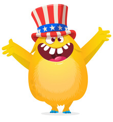 Cartoon funny monster wearing American uncle Sam hat on USA Independence Day . Vector illustration of alien creature character. Design for print, poster