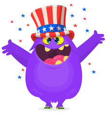 Cartoon funny monster wearing American uncle Sam hat on USA Independence Day . Vector illustration of alien creature character. Design for print, poster