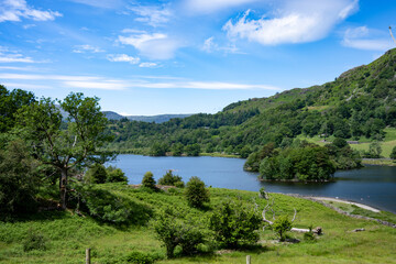 Rydal Water under blue skies with Heron Island and Little Isle seen on the right