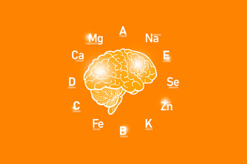 Stylized clockface with essential vitamins and microelements for human health, hand drawn human Brain, orange background. 
Detox of main organs and healthcare concept design mockup. - obrazy, fototapety, plakaty