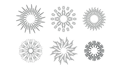 Set Abstract Collection Starburst Sunburst Sunset Black Line Doodle Design Elements Bursting Rays Sunrise Light Radiant Spark Vector Design Style