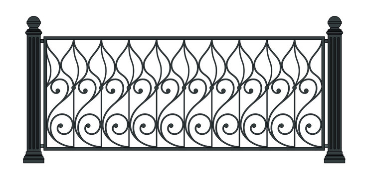Iron railings. Forging design. Blacksmithing. Metal work. Balcony. Handrails. Art Nouveau. Modern architecture. Wrought iron fence. Isolated. White background. Template for design. Vector.