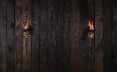 old wooden wall with torches