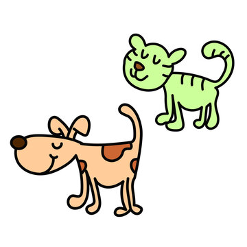 Happy dog and cat walking cartoon drawing vector eps