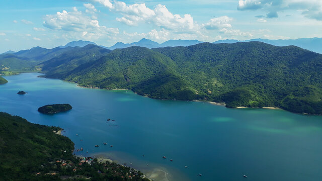 Panoramic of tropical fiord in Paraty, Rio de Janeiro, Brazil, from the Pao de Acucar peak in Saco do Mamangua.