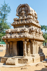 Exterior of the Dharmaraja Ratha, one of the Pancha Rathas (Five Rathas) of Mamallapuram, an Unesco World Heritage Site in Tamil Nadu, South India