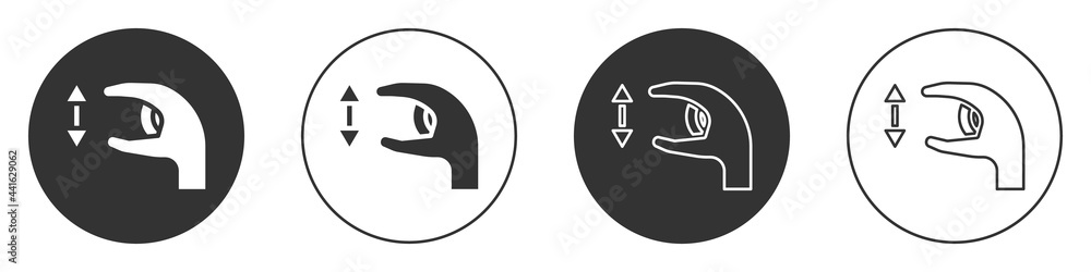 Poster black human standing and showing the size of something with his hands icon isolated on white backgro