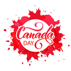 Fototapeta na wymiar Happy Canada Day handwritten text on abstract watercolor background. Modern brush ink calligraphy with maple leaves and splashes. Hand lettering. Holiday design, print, postcard. Vector illustration
