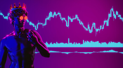 Creative. Plaster statue of David's head in bitcoinglasses. Minimal concept art. 3d render