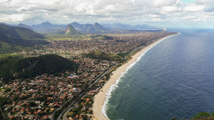 Panoramic view of the coastal city of Marica, Rio de Janeiro, Brazil, facing the Atlantic Ocean. Brazilian coast and sea. from the lookout on the elephant rock, or pedra do elefante