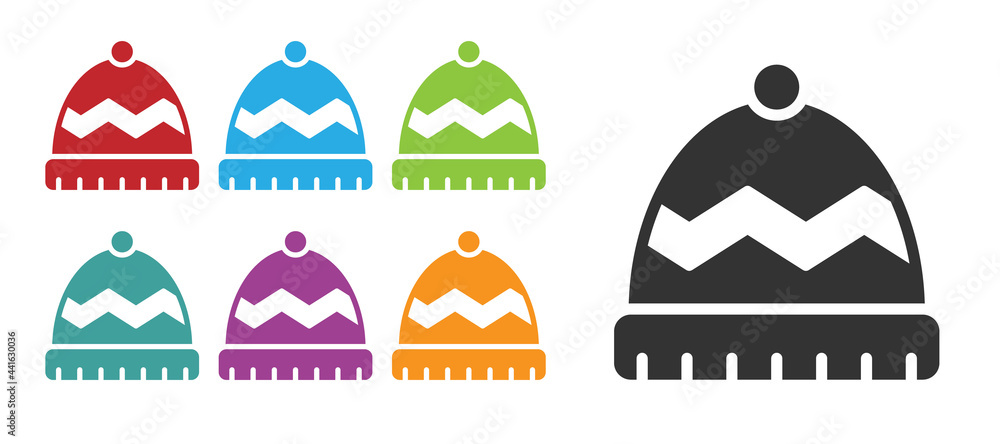 Sticker black winter hat icon isolated on white background. set icons colorful. vector