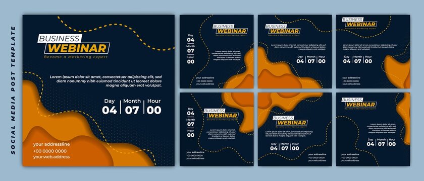 Set of Social media post template. Webinar invitation banner with dark blue and yellow paper cut design.