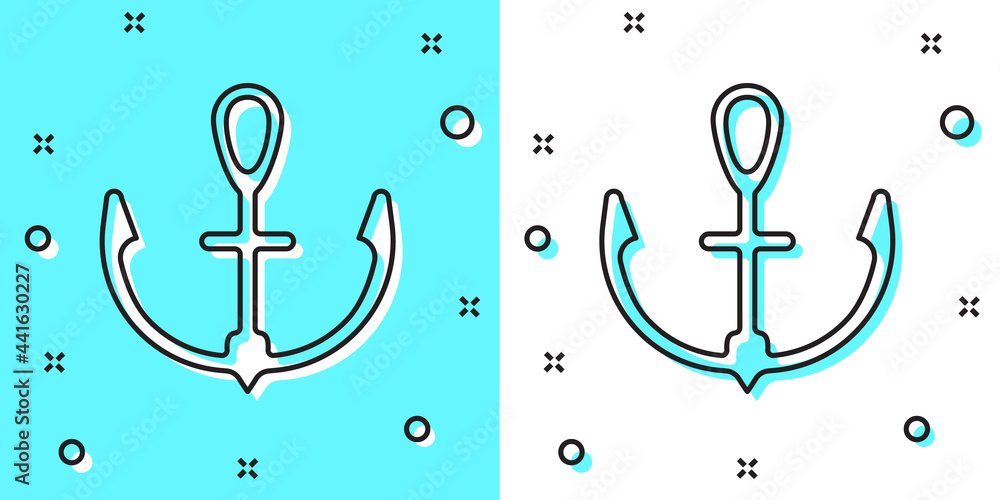Poster Black line Anchor icon isolated on green and white background. Random dynamic shapes. Vector