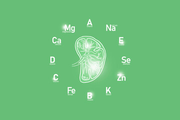 Stylized clockface with essential vitamins and microelements for human health, hand drawn human Spleen, light green background. 
Detox of main organs and healthcare concept design mockup.