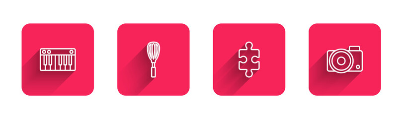 Set line Music synthesizer, Kitchen whisk, Piece of puzzle and Photo camera with long shadow. Red square button. Vector