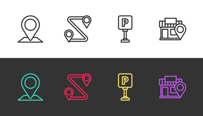 Set line Location, Route location, Parking and with store on black and white. Vector