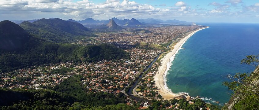 Panoramic view of the coastal city of Marica, Rio de Janeiro, Brazil, facing the Atlantic Ocean. Brazilian coast and sea. from the lookout on the elephant rock, or pedra do elefante