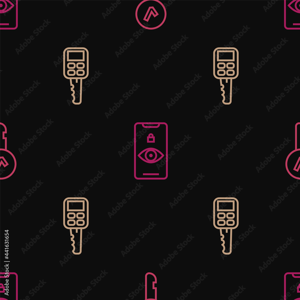 Poster set line key, car key with remote and eye scan on seamless pattern. vector