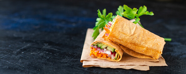 doner kebab shawarma vegetable pita bread filling vegetables organic dish on the table healthy meal snack copy space food background top view 