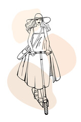 The girl happily rides a scooter. Popular transport. Girl in a stylish summer hat and in a boho style dress. Hand drawn sketch. Line art. Isolated on beige blobs background