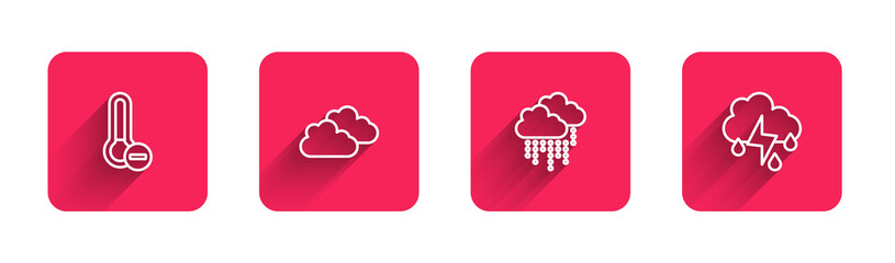 Set line Meteorology thermometer, Cloud, with rain and and lightning with long shadow. Red square button. Vector