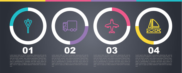 Set line Road traffic signpost, Delivery cargo truck, Plane and Yacht sailboat. Business infographic template. Vector