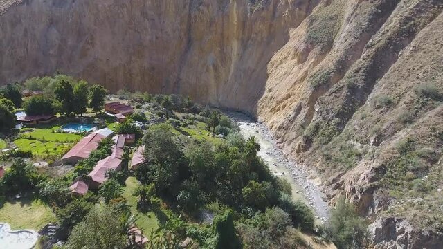 Oasis Sangalle at the bottom of Colca canyon, Peru (aerial photography)