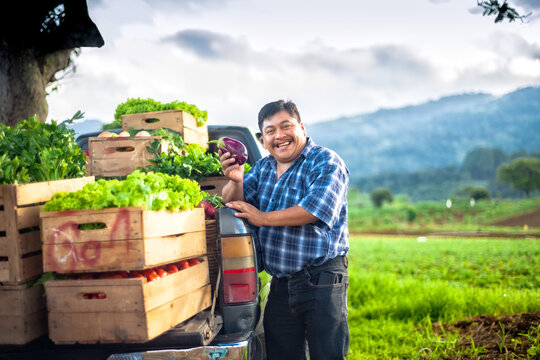 Farmer holding an eggplant, in a rural area of Guatemala.
