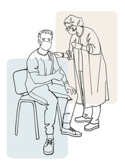 The man is pleased that he was vaccinated against covid. A doctor giving a shot of a vaccine. Hand drawn sketch. Isolated on white background.