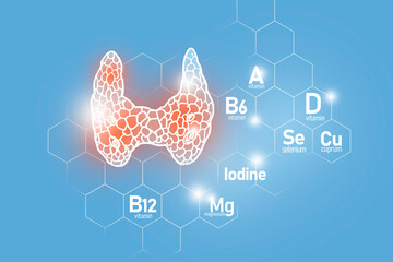 Essential nutrients for Thyroid Gland health including Iodine, Selenuim, Vitamin B6, Cuprum.
Design set of human organs with molecular grid, micronutrients and vitamins on light blue background.