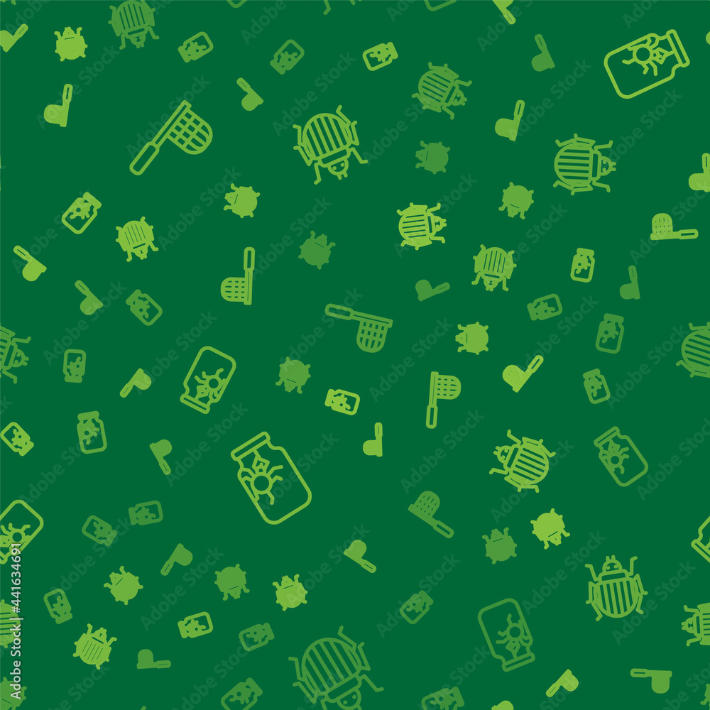 Aufkleber set line butterfly net, spider in jar and colorado beetle on seamless pattern. vector