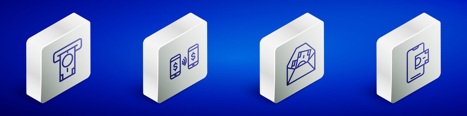 Set Isometric line ATM and money, Money payment transfer, Envelope with dollar symbol and Mobile banking icon. Vector