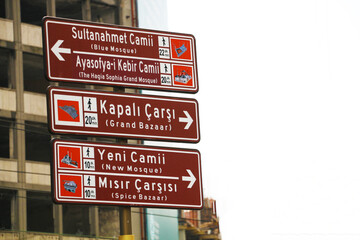 selective focus Signboard with the names of Istanbul's most crowded district, Eminönü, and the...