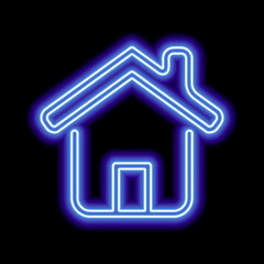 Blue neon house with door, roof and chimney on a black background