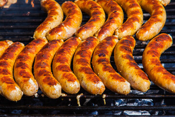 Juicy, mouth-watering, grilled sausages, close-up.