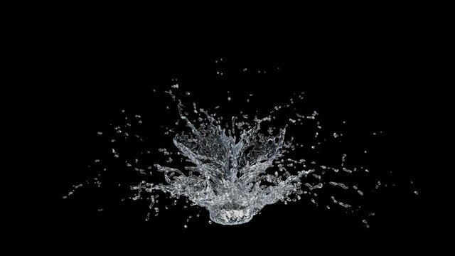 Water Splash Slow motion with droplets on black background. 3d illustration