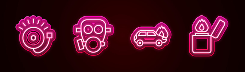 Set line Ringing alarm bell, Gas mask, Burning car and Lighter. Glowing neon icon. Vector