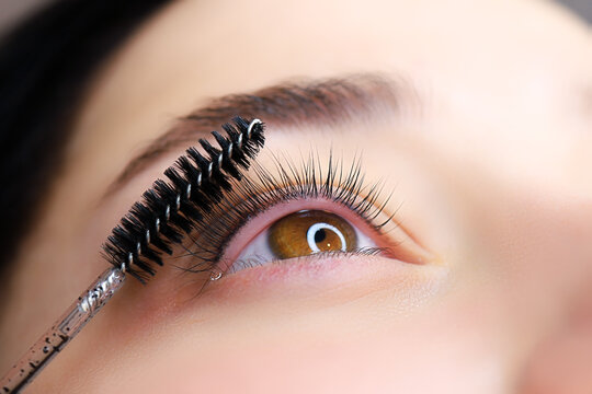 close-up of the model's eye with a curl of cilia the work is done lamination of eyelashes the master combs the cilia with a brush