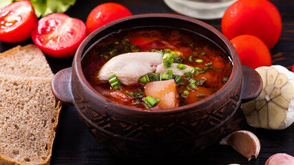 traditional Ukrainian, Russian borsch with chicken. Red borsch with garli