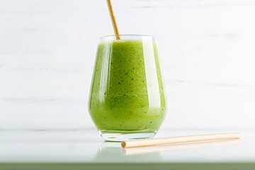 Green smoothie from spinach, apple, cucumber and soy milk in glass on white background. Home cooking. Vegan healthy detox eating, dietary and weght loss drink
