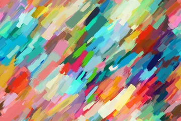 Afwasbaar behang Kleurrijk naadloos patroon in gewaagde kleuren - schuine penseelstreken. Naadloze patroon met hoge resolutie voor achtergronden, stoffen en prints - handgetekende korte strepen van optimistische kleuren. © Anton