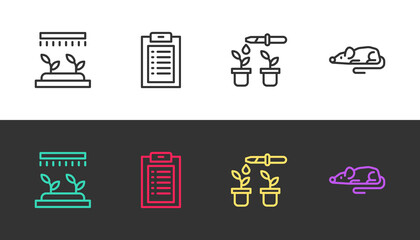 Set line Automatic irrigation sprinklers, Clinical record, Pipette and plant and Experimental mouse on black and white. Vector